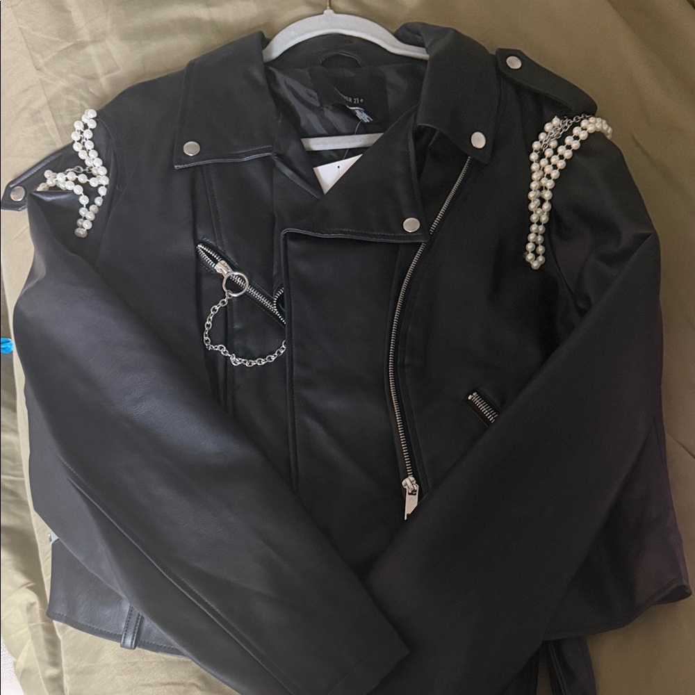 Forever 21 Black Faux Leather Pearl-Accent Moto Jacket